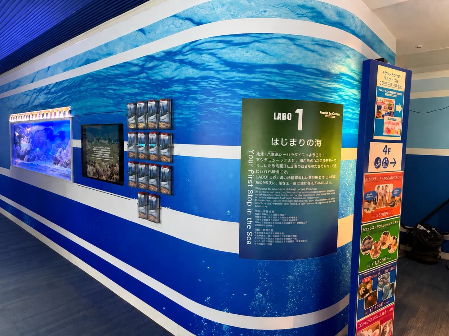 アクアミュージアムの水槽展示を見ながら進む館内